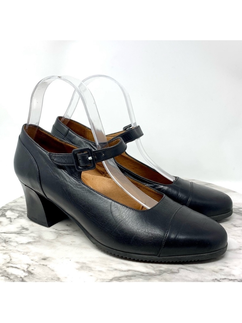 Beautifeel Cap Toe Black Leather Mary Jane Pumps 40/9-9.5 Classic Old Money